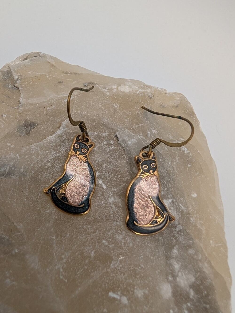 Vintage Copper Enamel Cat Dangle Earrings Gold Tone Black Pink Pet Lover Gift